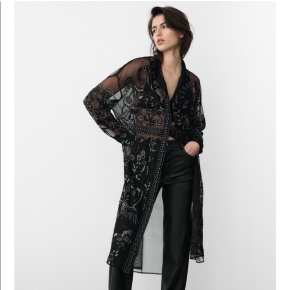 🖤 ZARA BOHO MESH EMBROIDERED CROCHET COLLARED SHEER MAXI DRESS/COVERUP! - Picture 13 of 16